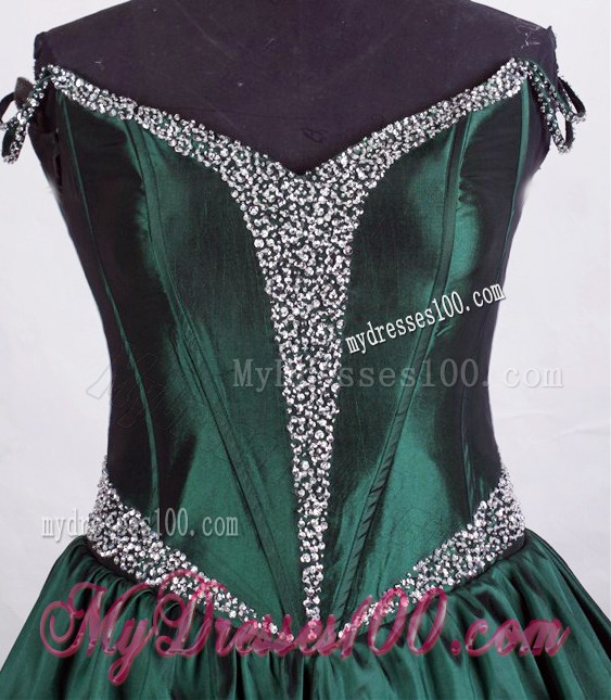 Rhinestones and Pick-ups Decorate Off Shoulder Dresses Of 15 in Dark Green